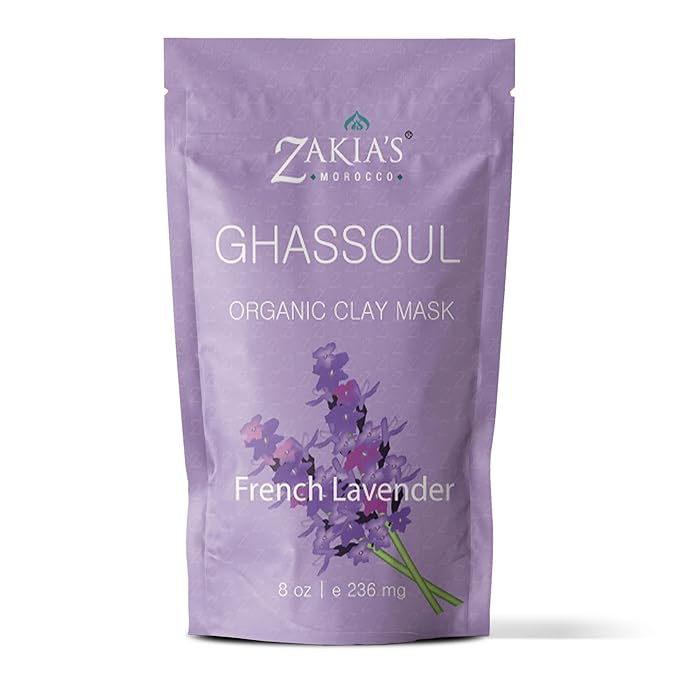 Zakia's Moroccan Rhassoul Clay Mask (Lavender)- Organic Face and Body Clay - Anti-aging Mud Mask for Dry & Oily Skin, Acne, Eczema & Psoriasis - 8 Oz