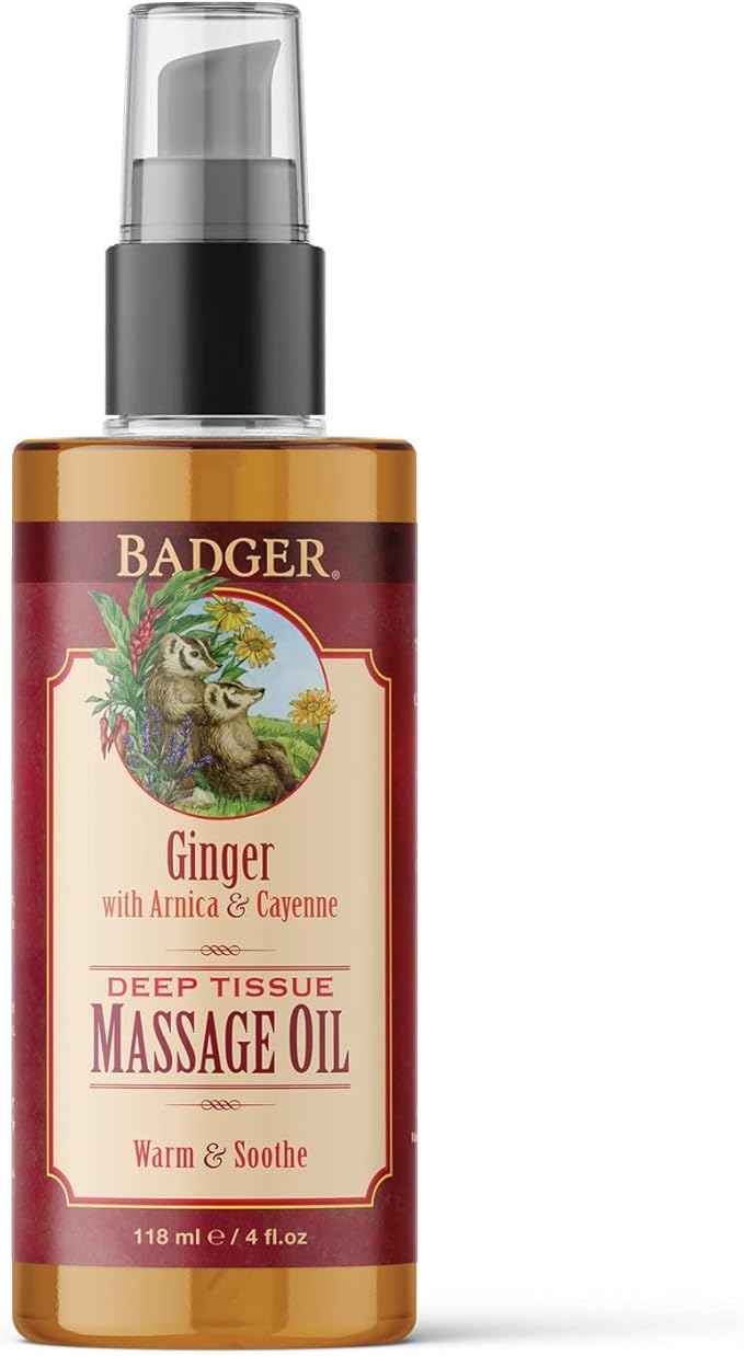 Badger Ginger Massage Oil, 100% Organic Massage Oil, w/Arnica Oil & Cayenne for Warming Soothing Deep Tissue Sore Muscle Relief, 4 fl oz Glass Bottle