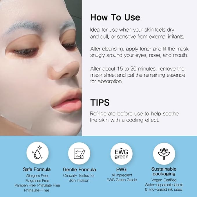 Nightingale Ecto-hyaluronic Soothing Mask, Hyaluronic Acid, Betula Alba Juice, Ectoin, Korean Hydrating Facial Mask, Alcohol Free, Korean Skin Care