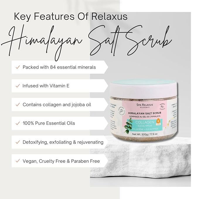 Spa Relaxus Himalayan Salt Scrub with Collagen 17.6 oz Jar, Rejuvenating Hydrating Salt Scrub with 84+ Minerals, Vitamin E, Jojoba Oil and Essential Oils (17.6 oz, Eucalyptus)