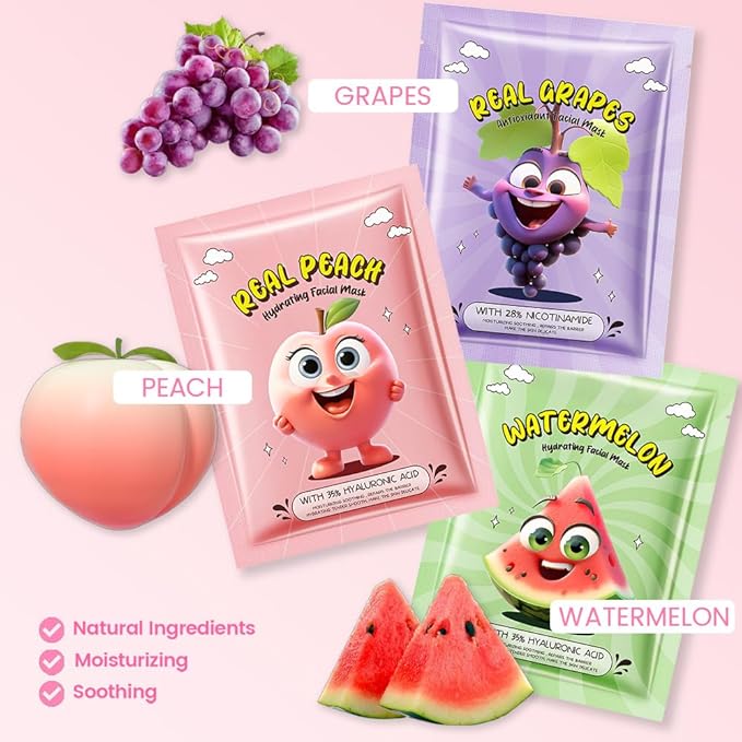 Kaely 12 Pack Fruit Face Masks for Kids, Kids Face Mask Spa Day kit Supplies, Spa Party Favors for Teens Girls Women, Sheet Facial Mask Skincare Gifts Set, Moisturize Soothe for All Skin Types, 04