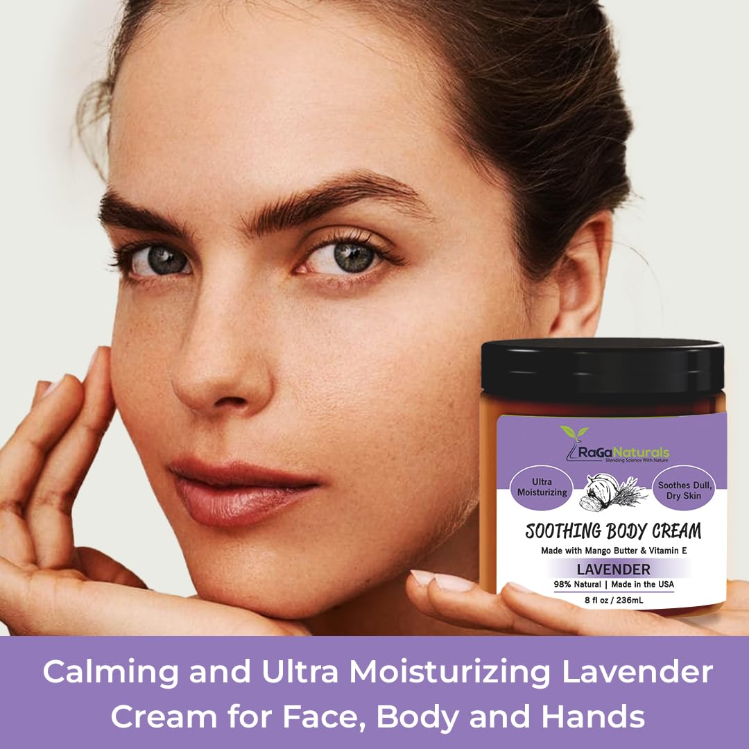 RaGaNaturals Calming Lavender Hand & Body Cream for Dry to Very Dry Skin - All Natural Vitamin E Face Cream to Deliver Healthy-Looking Glow -Non Toxic, Vegan Lavender Lotion for Women, Men, Baby -8 Oz