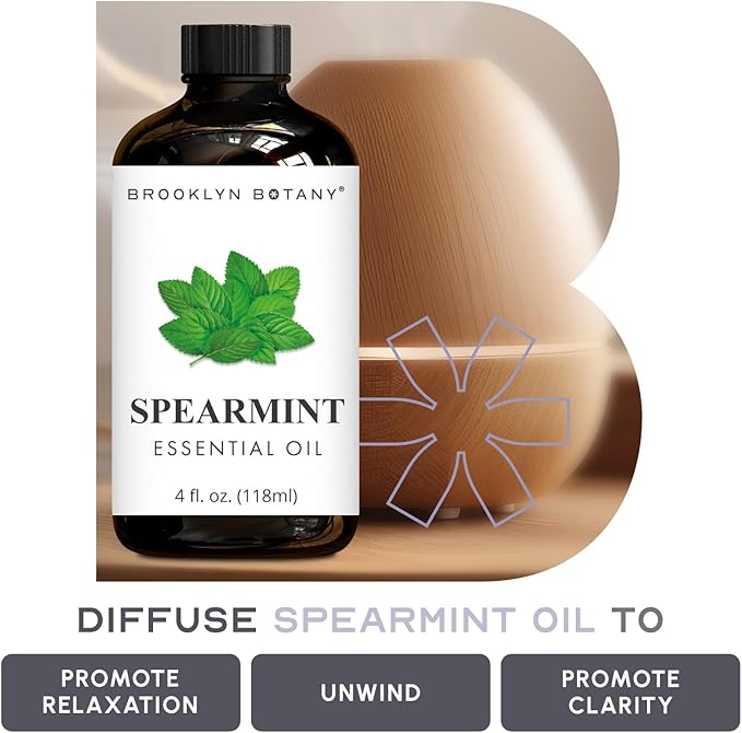 Brooklyn Botany Spearmint Essential Oil - Huge 4 Fl Oz - 100% Pure and Natural - Premium Grade with Dropper - for Aromatherapy and Diffuser