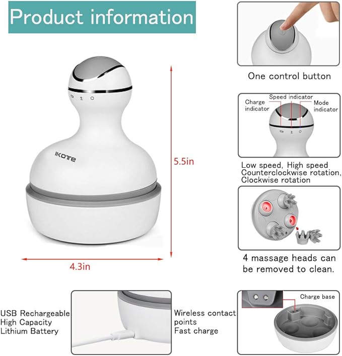 Electric Scalp Head Massager, IPX7 Waterproof Rechargeable Head Massager for Stimulating Hair Growth, Deep Clean, Blood Circulation and Stress Release