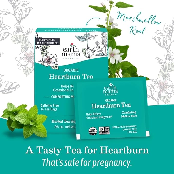 Earth Mama Organic Heartburn Tea | Pregnancy-Safe Soothing Herbal Blend with Marshmallow Root, Lemon Balm & Chamomile, 16 Teabags Per Box