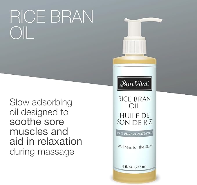 Bon Vital' Rice Bran Oil, 100% Pure and Cold Pressed Carrier Oils for Diffusers, Professional Massage Oil, Best Beauty Secret for Soft & Smooth Skin, Moisturizer, 8 Ounce Bottle
