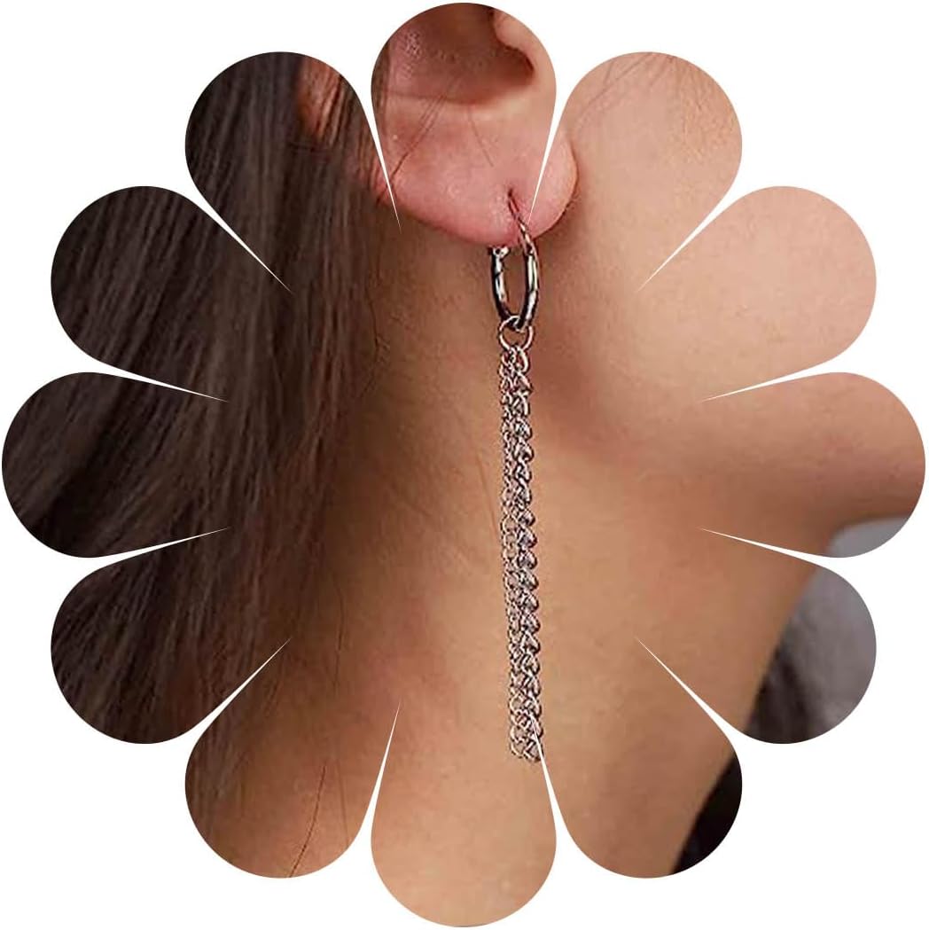 Vintage Layered Chain Dangle Earrings Long Chain Hoop Huggie Earrings Silver Curb Chain Stud Earrings Tassel Chain Drop Earrings Jewelry for Women