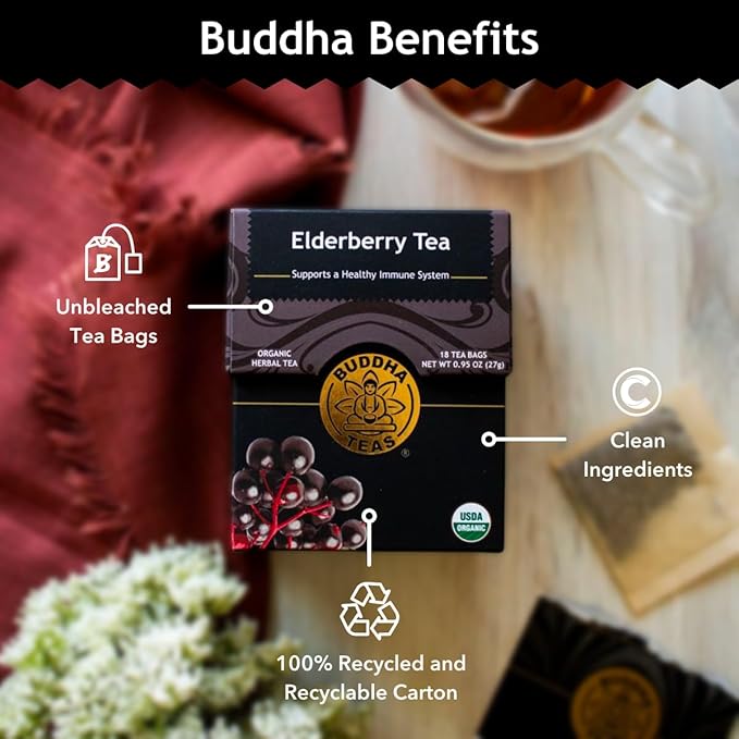 Buddha Teas - Organic Elderberry - Herbal Tea - For Health & Wellbeing - With Antioxidants & Minerals - Clean Ingredients - Caffeine Free - OU Kosher & Non-GMO - 18 Tea Bags (Pack of 1)