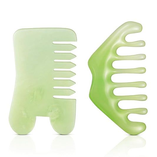 Geiserailie 2 Pieces Jade Combs Massage Stone Hair Gua Sha Scraping Scalp Comb Facial Massage Tool Multifunctional Handheld Head Tools Head Caring Therapy Mother's Day Gift(Mixed Style)