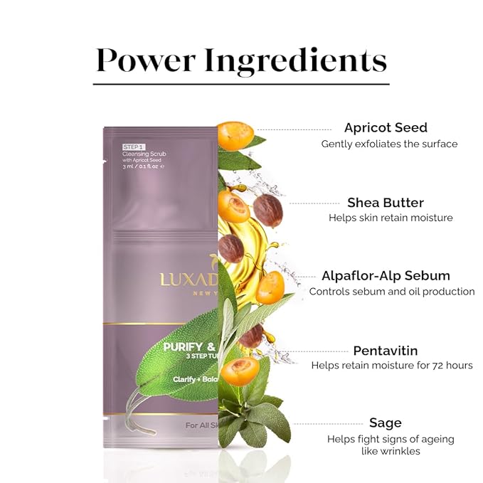 LuxaDerme Purify & Protect 3 Step Tune-Up Kit - Cleansing Scrub, Bio Cellulose Sheet Mask, Booster Cream (Pack of 2)