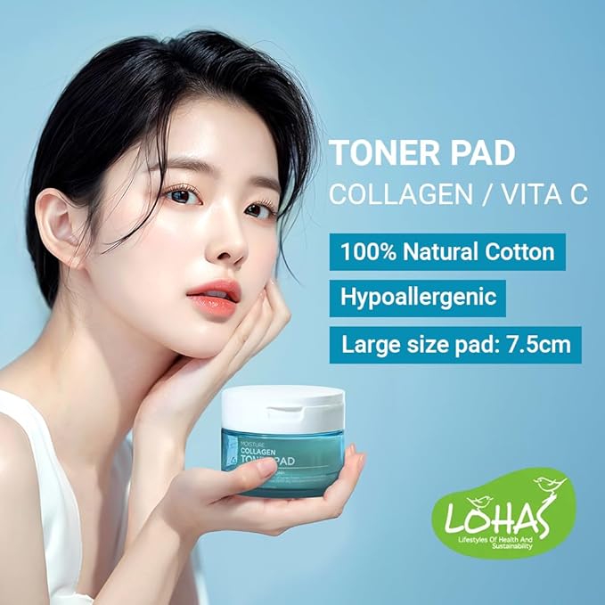TENZERO Moisture Collagen Toner Pad 70ea, 100% Natural Cotton, Hydrating Moisturizing Glowing Face Toner Pads, Korean Facial Toner, Dry Skin, 160g