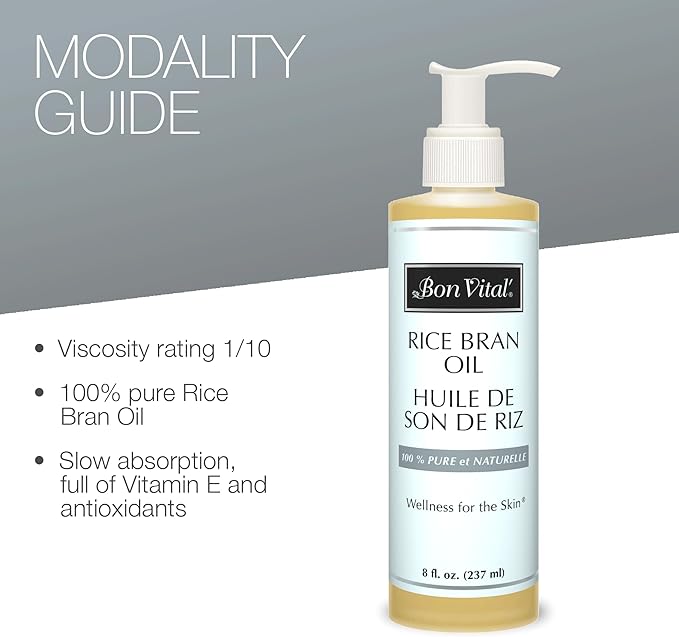 Bon Vital' Rice Bran Oil, 100% Pure and Cold Pressed Carrier Oils for Diffusers, Professional Massage Oil, Best Beauty Secret for Soft & Smooth Skin, Moisturizer, 8 Ounce Bottle