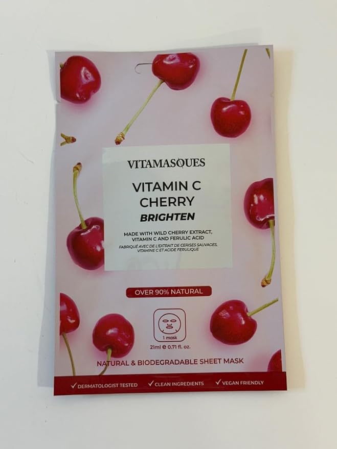 Vitamasques Vitamin C Cherry Face Sheet Mask 7 Pack - Brightens, Protects & Boosts Hydration with Antioxidants, Vitamin C and Ferulic Acid - Natural - Vegan - Korean Skin Care