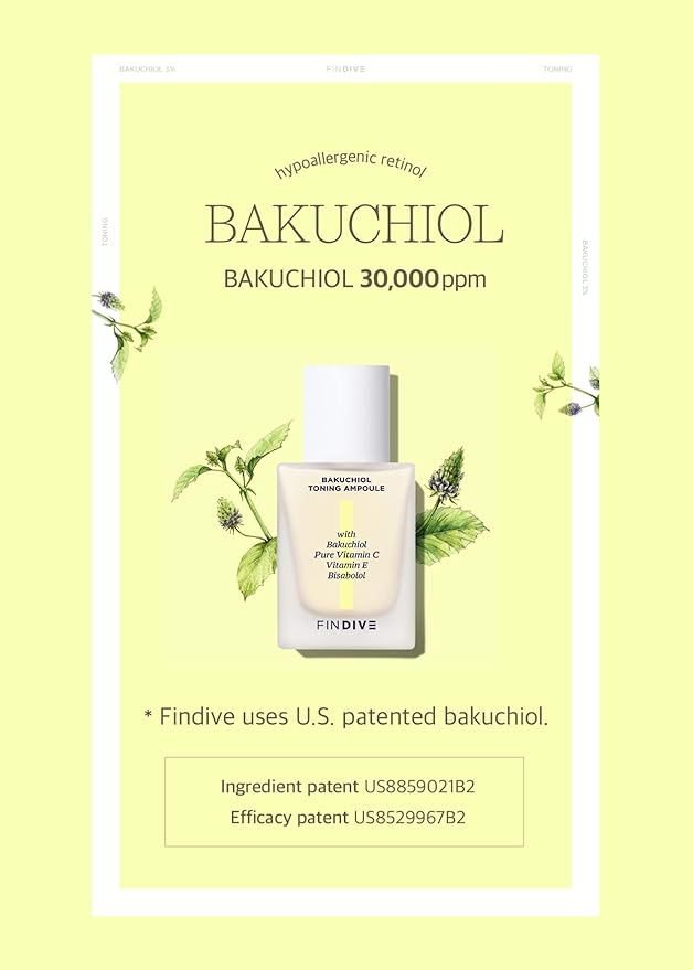 [FINDIVE OFFICIAL] Bakuchiol Toning Ampoule, 3% Bakuchiol, Plan-Based Retinal Alternative, Pure Vitamin C, Pure Vitamin E, Bisabolol, Brightning, Anti Wrinkle Serum, 1.01fl.oz