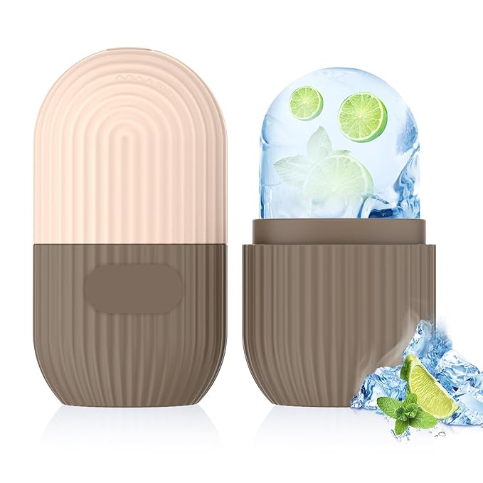 Ice Roller for Face and Eye, Silicone Ice Facial Roller Ice Holder, Face Ice Mold Skin Care, Face Icers Reusable Ice Cube Roller for Shrink Pores Anti Wrinkle Reduce Puffiness, Brown