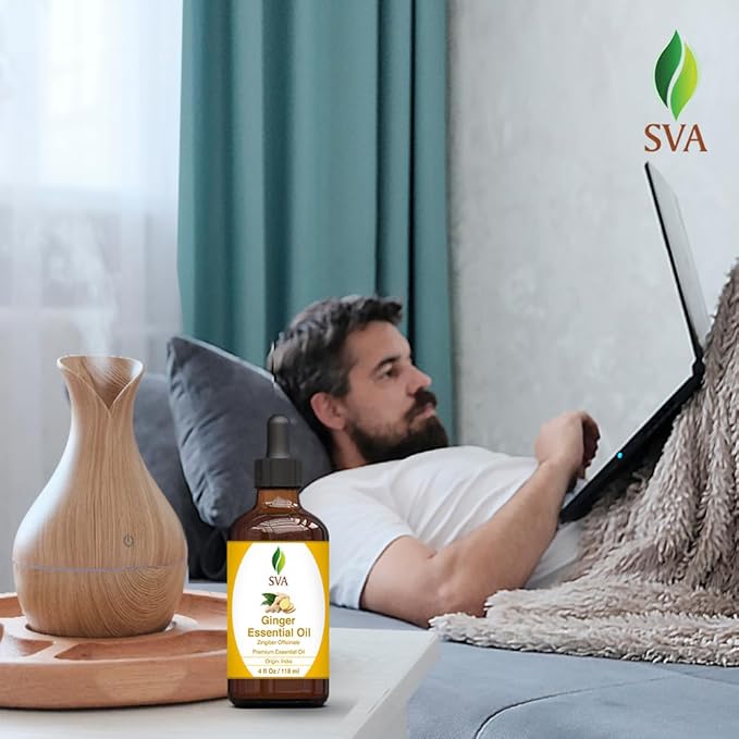 SVA Ginger Essential Oil – 4 Fl Oz – 100% Natural Ginger Oil - for Diffuser, Hair Care, Face, Skin Care, Aromatherapy, Scalp and Body Massage, Soap and Candle Making – with Dropper