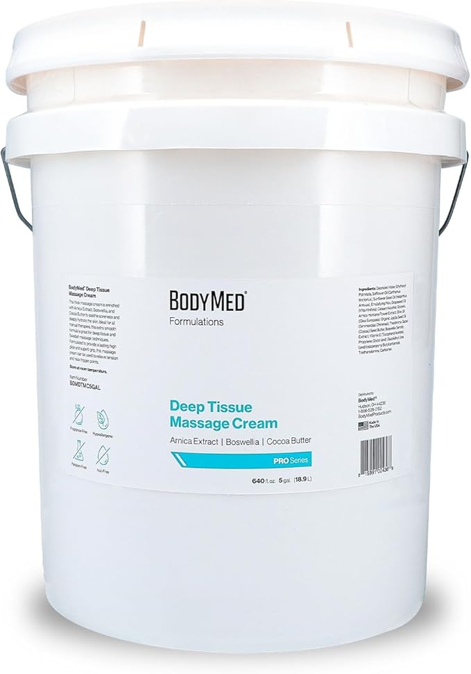 BodyMed Formulations Deep Tissue Massage Cream, 5 gal. – Fragrance-Free, All-Natural Lotion for Massage Therapy – Leaping Bunny Certified – with Arnica Extract & Jojoba – Non-Staining, & Paraben Free