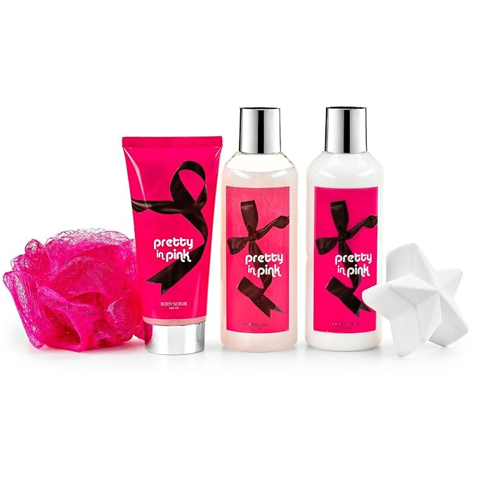 Freida & Joe Fragrance Bath & Body Collection Gift Box, Includes Shower Gel, Body Lotion, Body Scrub, Bath Bomb & Sponge (Pretty in Pink)