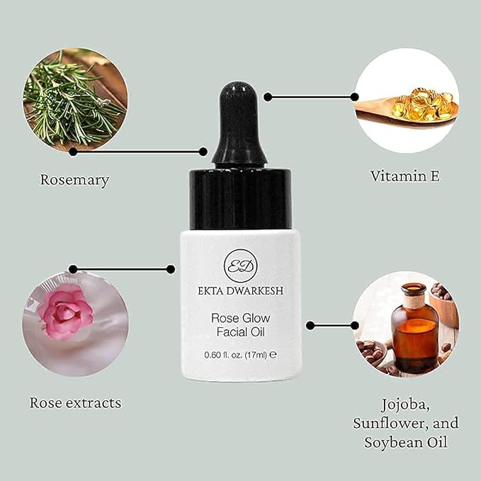 Rose Glow Facial Oil (with Rose extracts, Jojoba oil and vitamin E) Hydrates & Provides Antioxidant Benefits (0.60 fl. oz.) Vegan and Cruelty Free