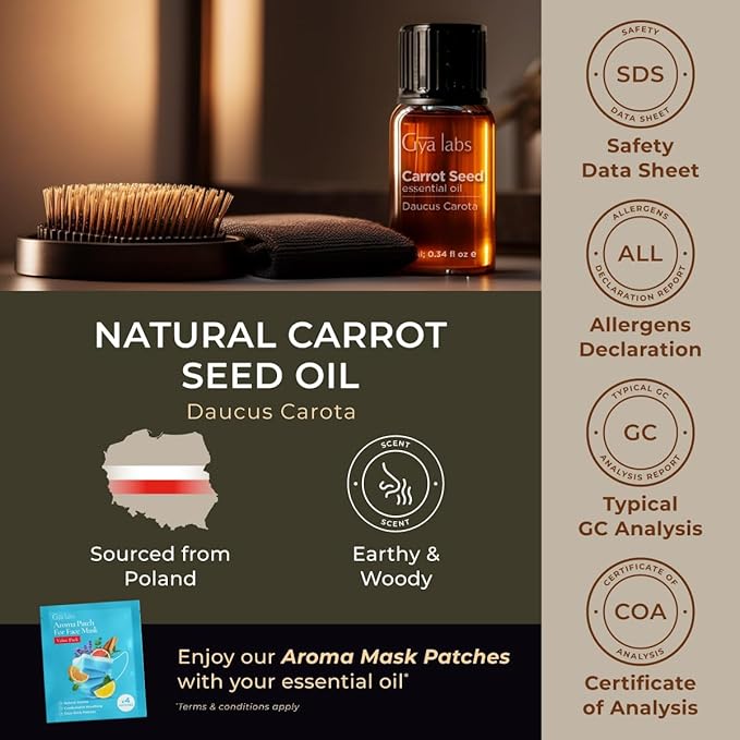Gya Labs Carrot Seed Essential Oil - 0.34 Fl Oz - 100% Pure Natural Carrot Oil for Skincare, Hair, Scalp & Aromatherapy, Candles Making DIY, Massages - Earthy Woodsy Scent