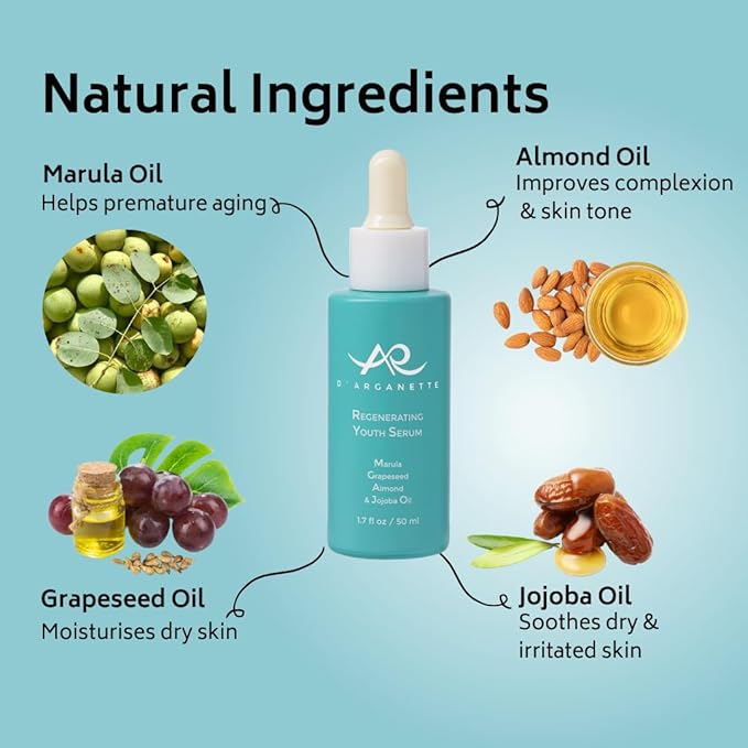 D'Arganette Regenerating Youth Serum Facial Oil Infused With Marula, Grapeseed, Almond & Jojoba Oil- Anti-Aging Moisturizer Face Oil For Dry Skin, Fine Lines & Wrinkles 1.7 oz- Made In USA