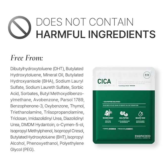 Cica Peptide Mask Cellulose Bamboo Sheet for Soothing Relief Skin Elasticity & Hydration Korean Skincare (10 Pack)