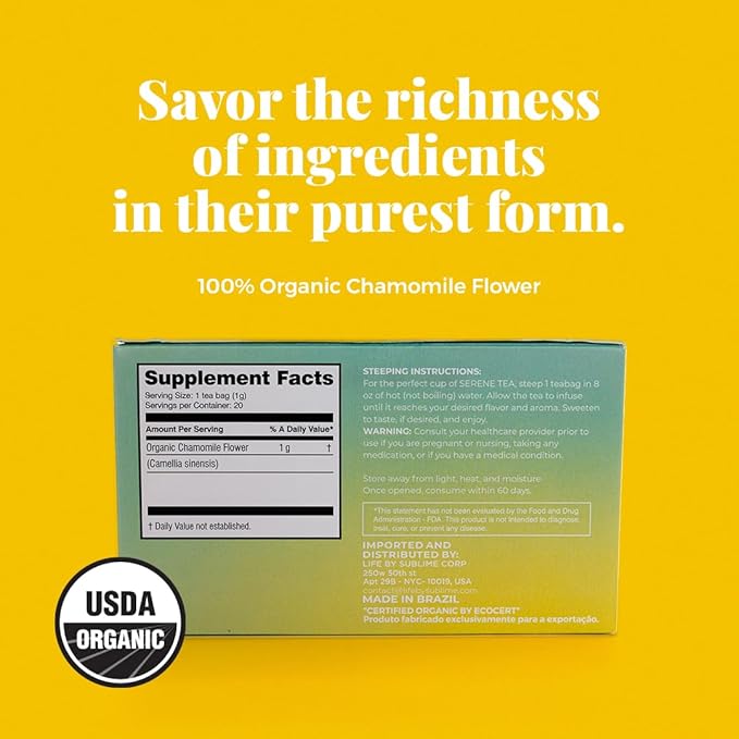 Life by Sublime - Serene USDA Organic Chamomile Tea, 20 Tea Bags, Caffeine-Free Herbal Tea, Promotes Calmness, Relaxation, and Restful Nights, Premium Brazilian Harvest