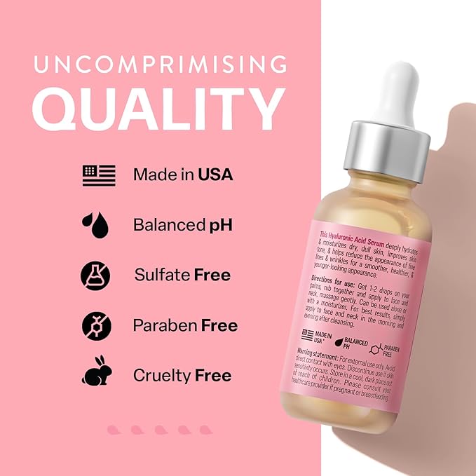 Hyaluronic Acid Serum for Face - Made From Pure Hyaluronic Acid Serum - Hydrating Serum Hyaluronic Acid for Enhanced Skin Texture 1oz