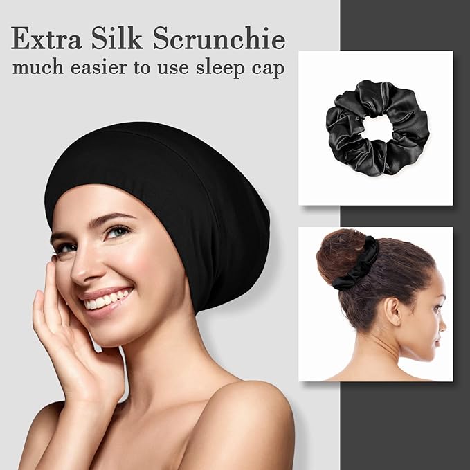 LULUSILK Silk Sleep Mask and Silk Sleep Cap Set, BlackLULUSILK Silk Eye Sleep Mask and Silk Hair Bonnet Set Silk Eye Mask and Silk Bonnet Scrunchie Set