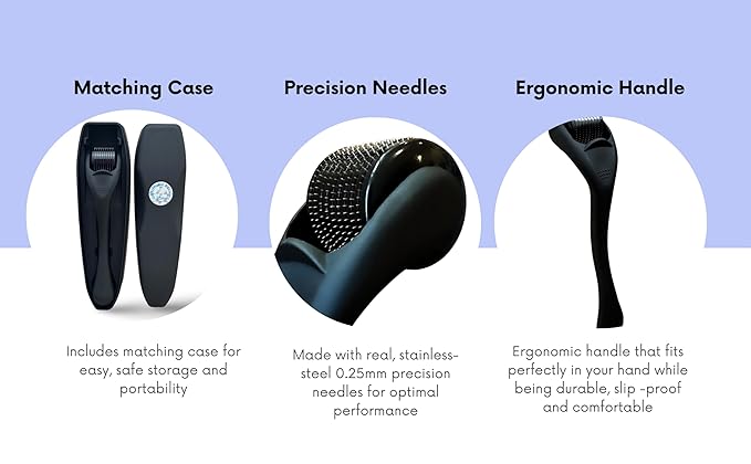 Derma Roller Microneedling Roller, 0.25mm Stainless Steel, Roller for Face, Beard, Scalp hair growth, Body, Microneedle Derm Stamp with Storage Case | For Women and Men | (Matte Black)