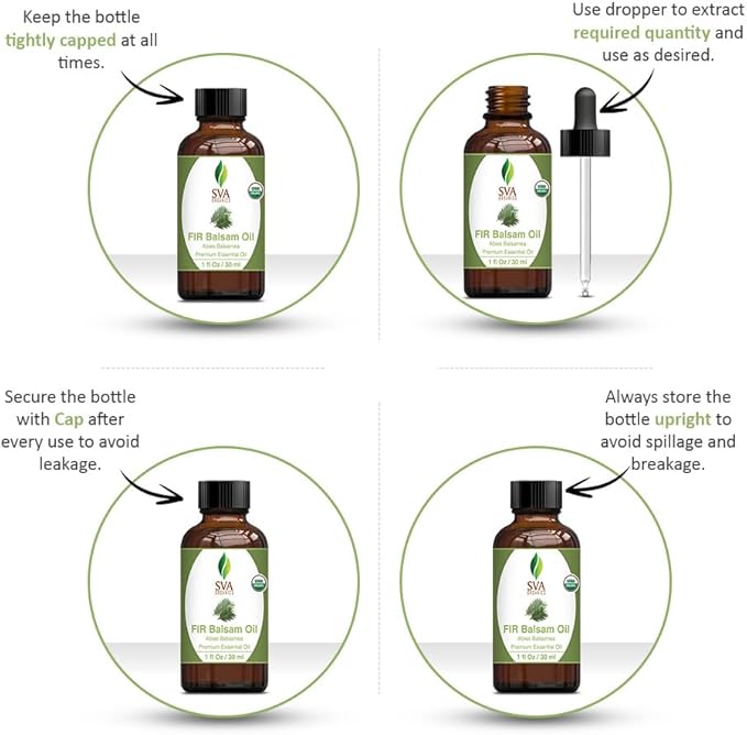 SVA Fir Balsam Essential Oil Organic – 1 Fl Oz – 100% Natural Organic Fir Oil - for Diffuser, Hair Care, Face, Skin Care, Aromatherapy, Scalp and Body Massage, Soap and Candle Making – with Dropper