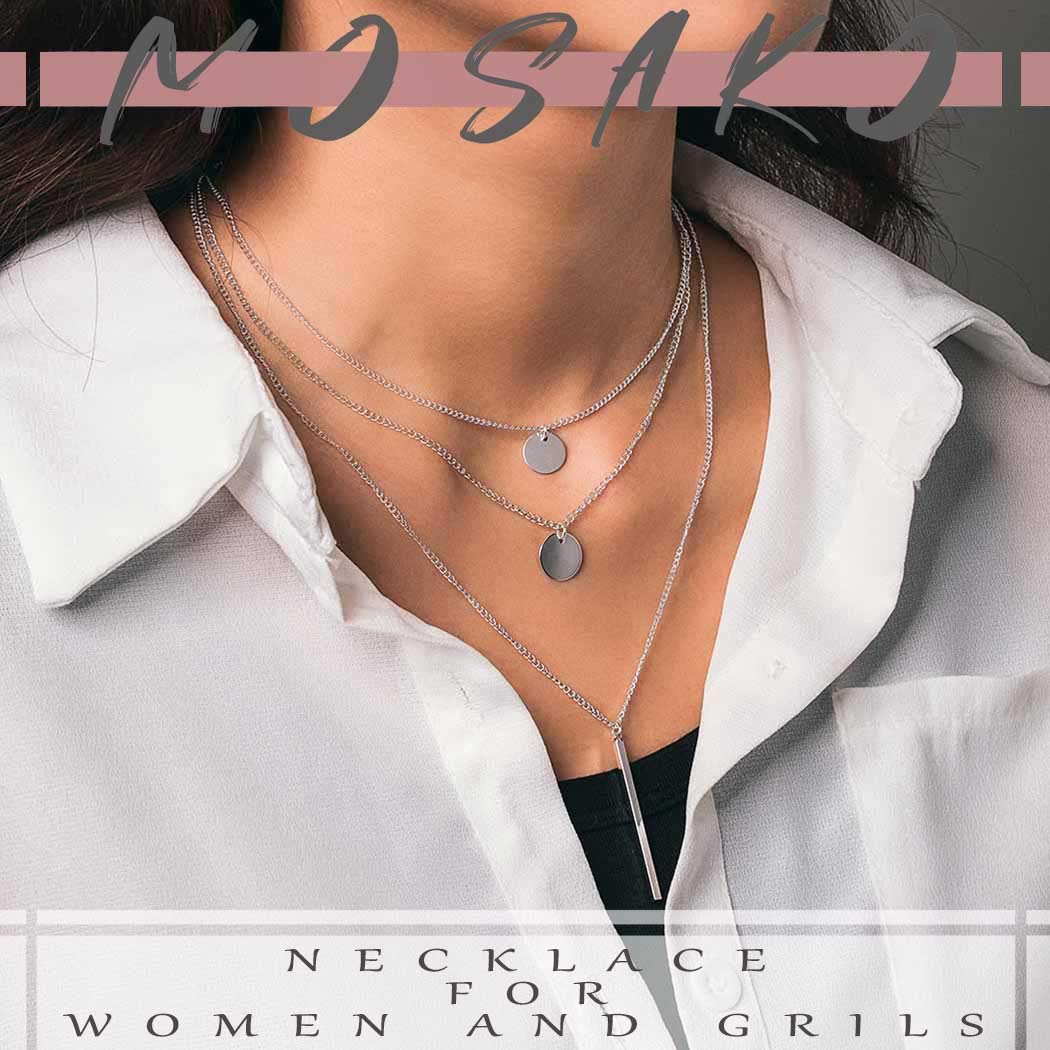 Boho Layered Necklaces Sequins Disc Silver Necklace Chain Short Bar Coin Pendant Delicate Dainty Charm Necklaces Jewelry for Women and Teen Girls