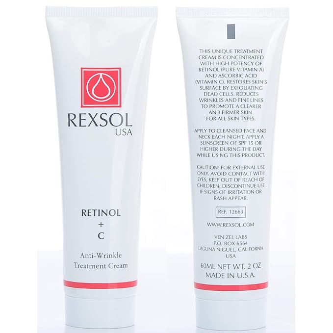 REXSOL Retinol + Vitamin C Anti-Aging Cream | Effective Night Face Care & Dark Spot Remover | Anti-Aging Neck Cream & Wrinkle Cream That Truly Works | Infused with Vitamin E, A - 2 OZ