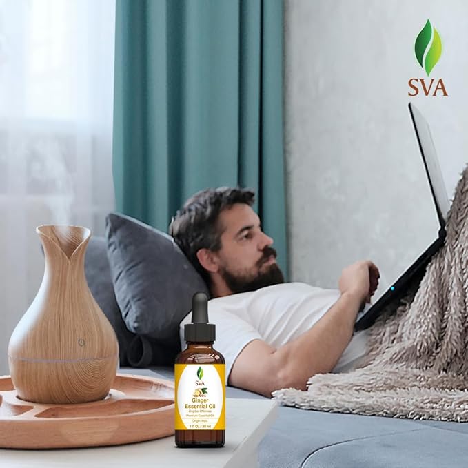 SVA Ginger Essential Oil – 1 Fl Oz – 100% Natural Ginger Oil - for Diffuser, Hair Care, Face, Skin Care, Aromatherapy, Scalp and Body Massage, Soap and Candle Making – with Dropper