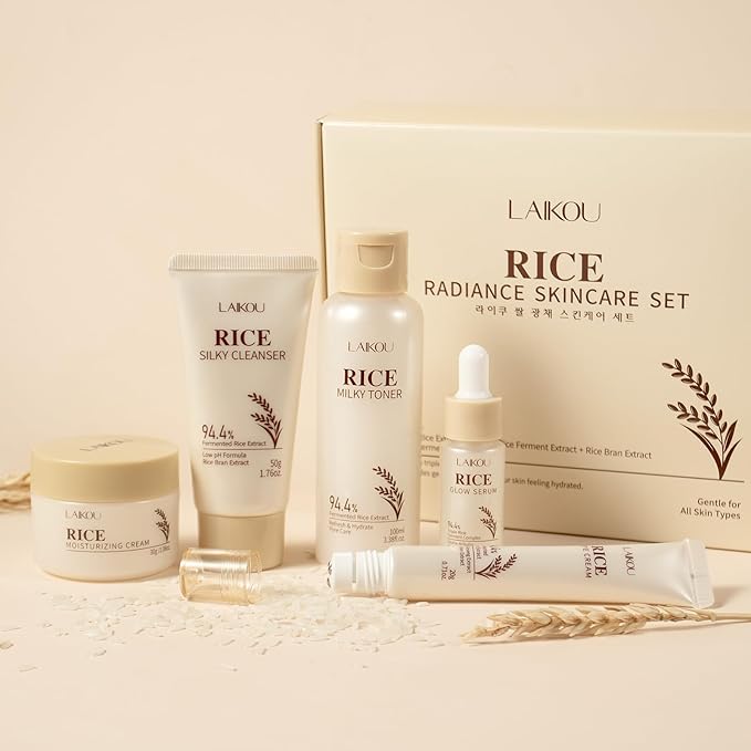 Skin Care Set, Korean Skin Care with Rice Cleanser, Toner, Serum, Eye Serum, Moisturizing Cream 5pcs for Women Teen Girls Mom Daughter Mother's Day Birthday Christmas Lover Korean Beauty