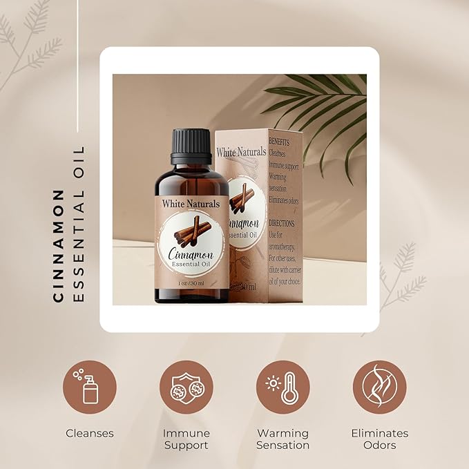 Cinnamon Essential Oil, 100% Pure Natural Organic Aromatherapy Oil for Diffuser/Humidifier, Steam Distilled, Therapeutic Grade, Perfect for Relaxation, Hair & Skin Care, DIY Soap & Candle Making