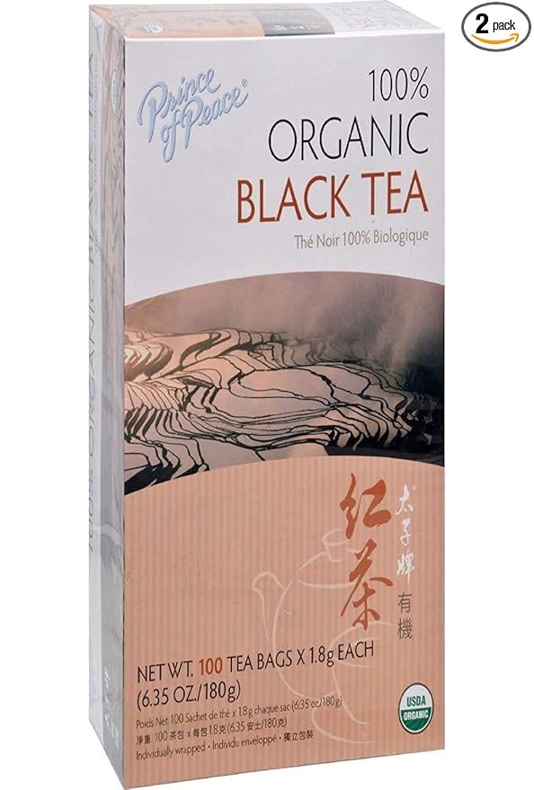 Prince of Peace Organic Black Tea, 2 Pack - 100 Tea Bags Each - Unsweetened, Lower Caffeine Alternative to Coffee - Herbal Health Benefits