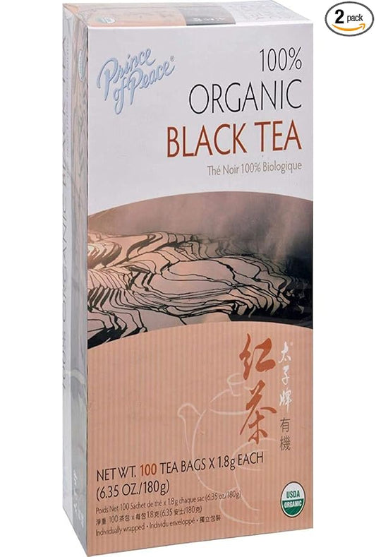 Prince of Peace Organic Black Tea, 2 Pack - 100 Tea Bags Each - Unsweetened, Lower Caffeine Alternative to Coffee - Herbal Health Benefits