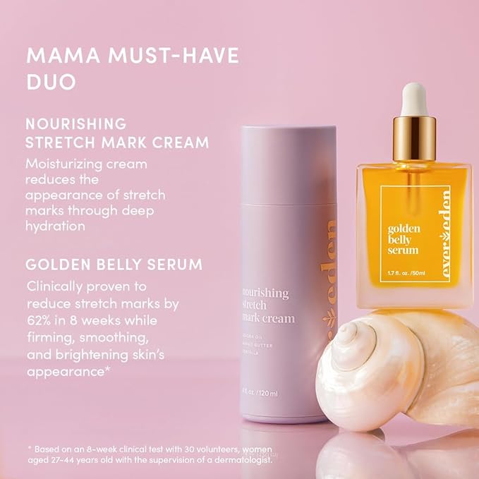 Evereden Mama DUO w/t Gua Sha - Golden Belly Stretch Mark Oil & Nourishing Stretch Mark Cream - Dermatologist-Developed Clean & Vegan Maternity Skin Care for Skin Hydration