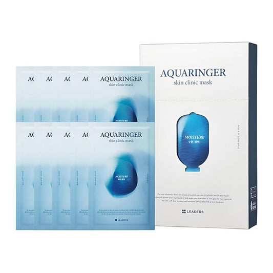 LEADERS Aquaringer Skin Clinic Mask | Intensive Hydration & Moisture Replenishment | Soothes & Calms Irritated Skin | Refreshes Dry, Dehydrated Skin | Suitable for All Skin Types - 10 Sheets