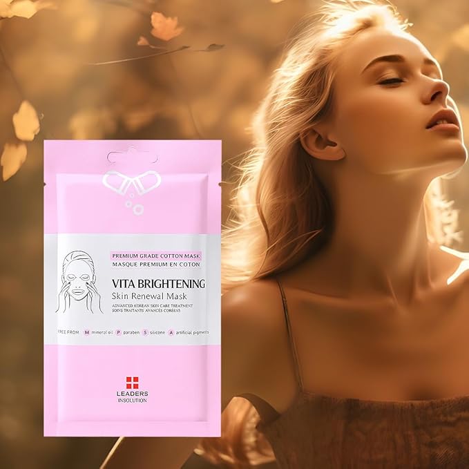 Leaders Insolution VITA Brightening Skin Renewal Mask | Vitamin C & Niacinamide for Dark Spot Reduction and Luminous Glow | 100% Natural Cotton Sheet for Dull Skin (10 Sheets)