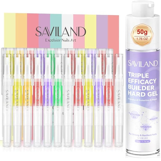 SAVILAND Natural Cuticle Oil Pen: 50g Clear Builder Nail Gel 12PCS Revitalizing Cuticle Oil with Vitamin E For Repair Cuticles Softener Nail Strengthener Protector for Damaged Skin Thin Nail