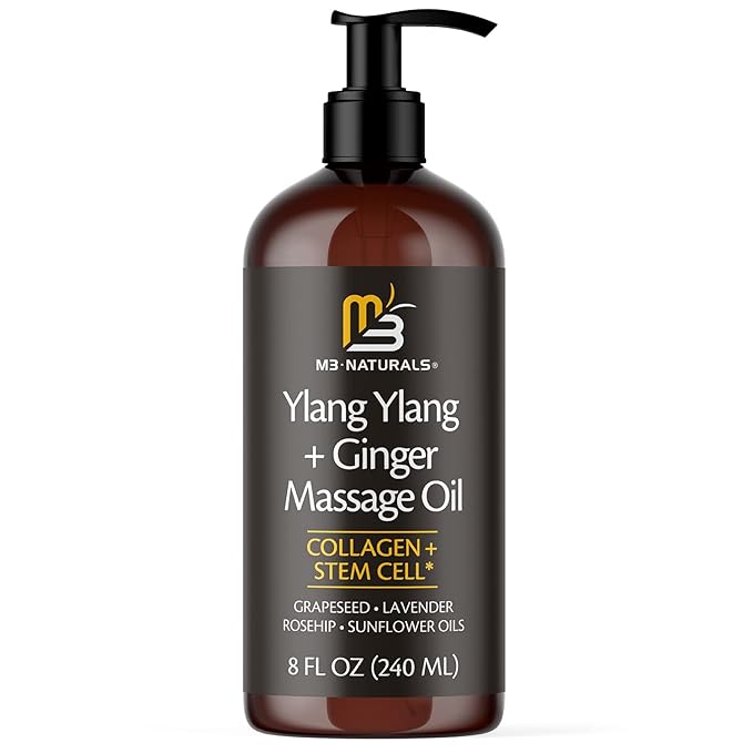 Ylang Ylang + Ginger Massage Oil for Massage Therapy and Manipulation Therapy | Collagen and Stem Cell Anti Cellulite Body Oil for Lymphatic Massage and Sore Muscles Skincare by M3 Naturals