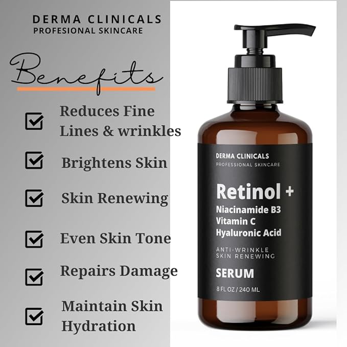Retinol + Niacinamide B3, Vitamin C, Hyaluronic Acid Serum, Anti-Aging Serum for face, Brightening Firming Hydrating Serum, Fine lines and Wrinkle Face Serum - 8oz