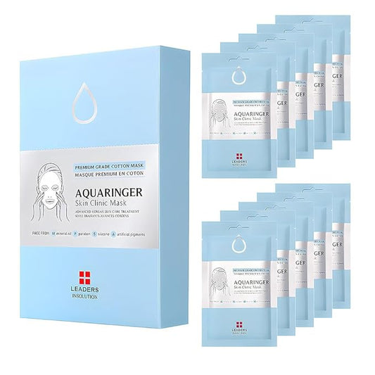 Leaders Insolution Aquaringer Skin Clinic Mask | Intense Hydration Treatment Mask with Swiss Glacial Water & Power Peptides | Moisturizing & Firming for Dry Skin, Fine Lines (10 Sheets)