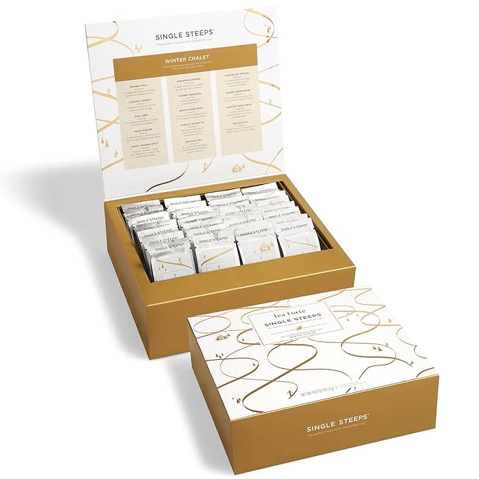 Tea Forte Winter Chalet Single Steeps Loose Leaf Premium Tea Gift Set Sampler, 28 Count, 2 of Each Assorted Blends Pre-Portioned Single Serve Pouches, Steeps 12 oz