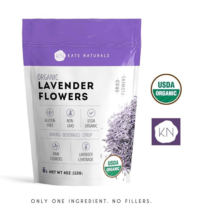 Kate Naturals Dried Lavender Flowers for Tea, Syrup, Lemonade, Soap Making. Edible Culinary Grade Buds (4oz, Organic, Food Grade)