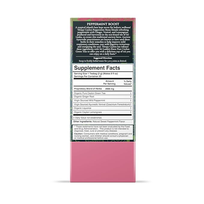 Térapy Ceylon Peppermint Tea | All Natural Herbal Ingredients | 100% Organic Peppermint Tea Bags Individually Wrapped | Eco-friendly & Unbleached Herbal Tea Bags | 20 Count
