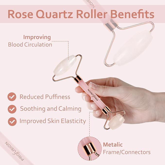 Profusion Cosmetics Rose Quartz Forever Facial Roller, Dual-Ended Stone Face Massager for Stress Relief, Remove Wrinkles, Dark Circles and Puffiness