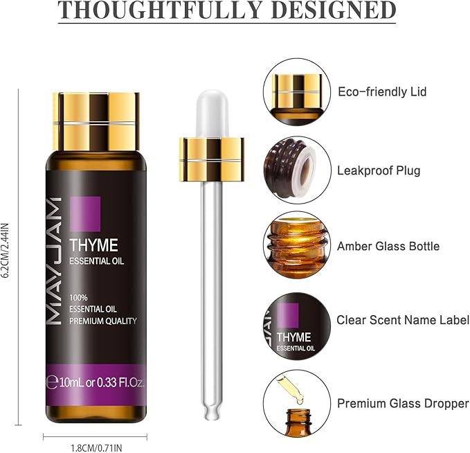 Thyme Essential Oil, MAYJAM 10ML/0.33FL.OZ Premium Thyme Oils for Soap Candle Making, Diffuser, Bedroom, Living Room, Office